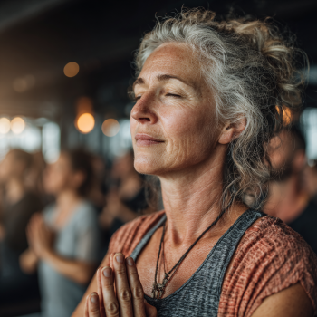 Възрастна жена практикува йога